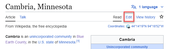 Highlighting "Edit" link to access wikitext in a Wikpedia article