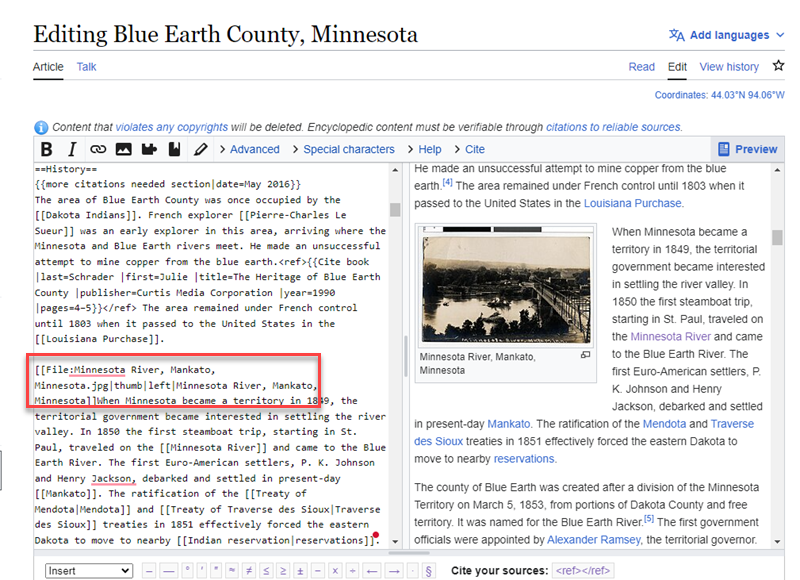 Highlighting where to insert the image into a Wikipedia article