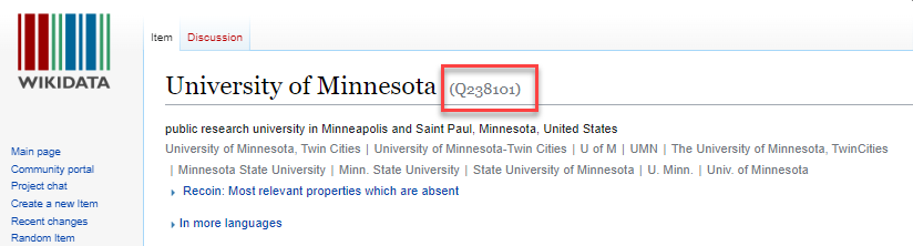 University of Minnesota Wikidata page showing Q number
