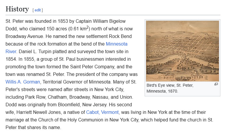 Wikipedia page for St. Peter, Minnesota