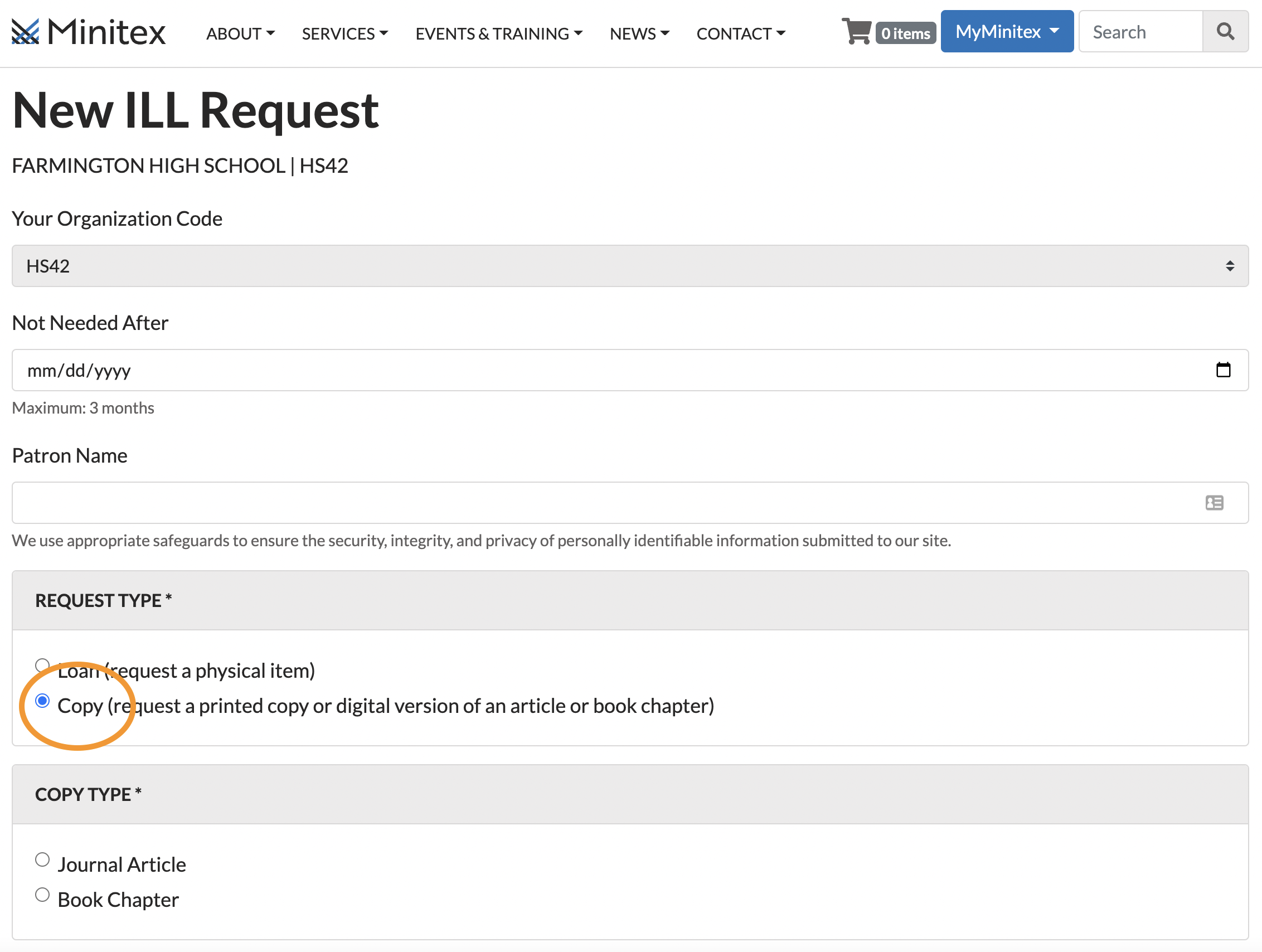 The ILL Request Form with the Copy selection highlighted.