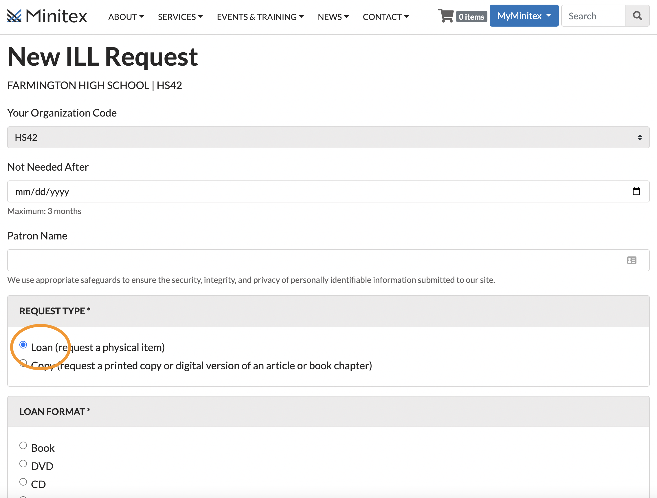 The ILL Request Form with the Loan selection highlighted.