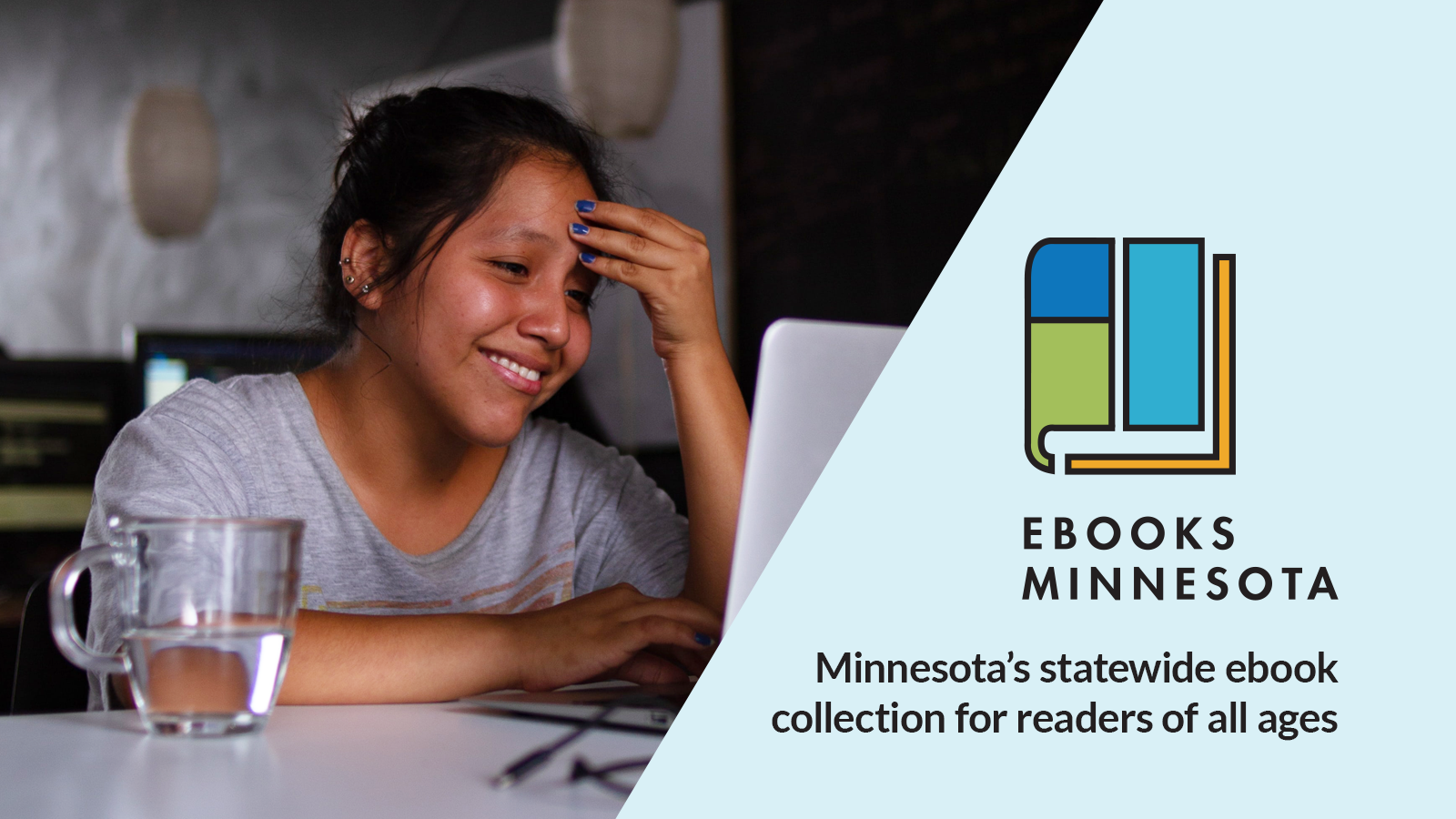 A photo of a student at a computer, with the Ebooks Minnesota and text that reads "Minnesota's statewide ebook collection for readers of all ages"