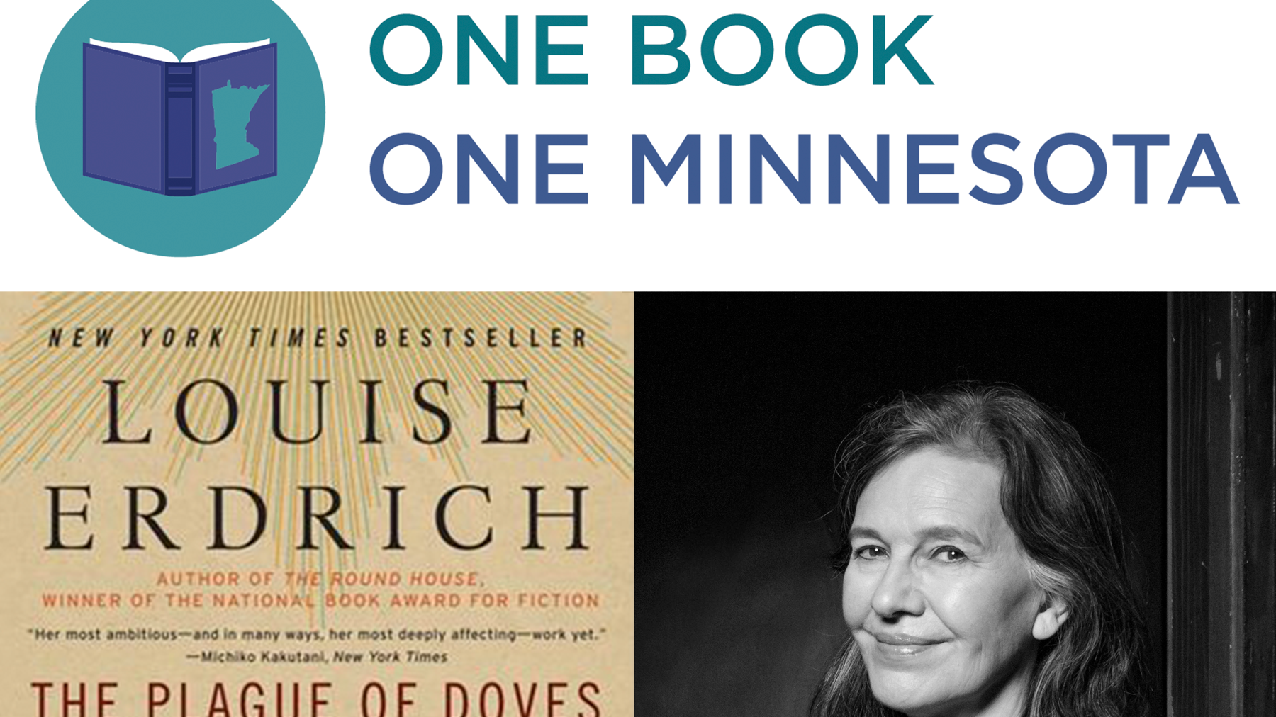 A photo collage of the One Book | One Minnesota logo, the cover of "The Plague of Doves," and a photo of Louise Erdrich.