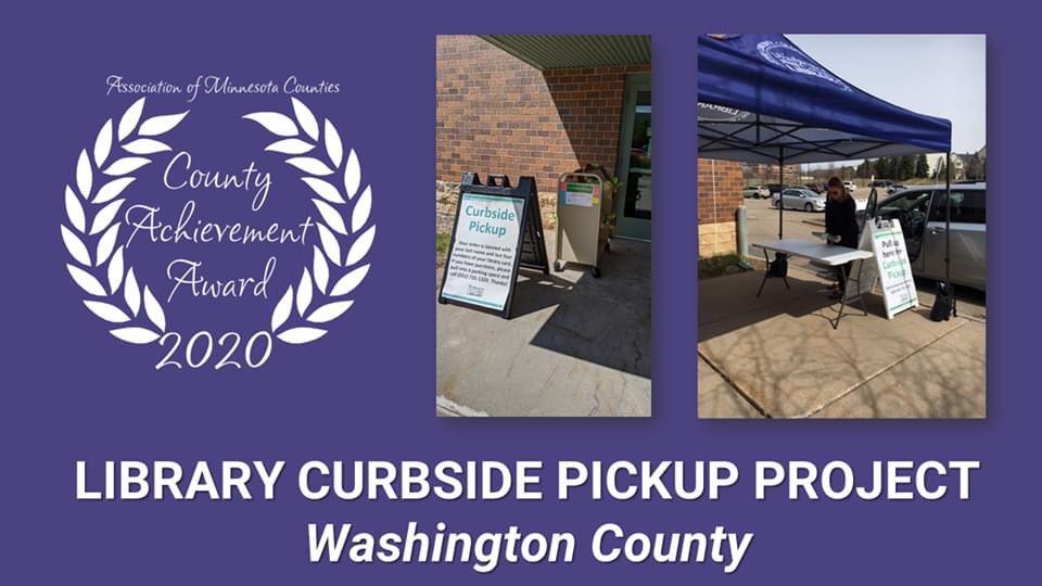 Two photographs of curbside pickup service alongside "County Achievement Award" set in a laurel wreath over a purple background.