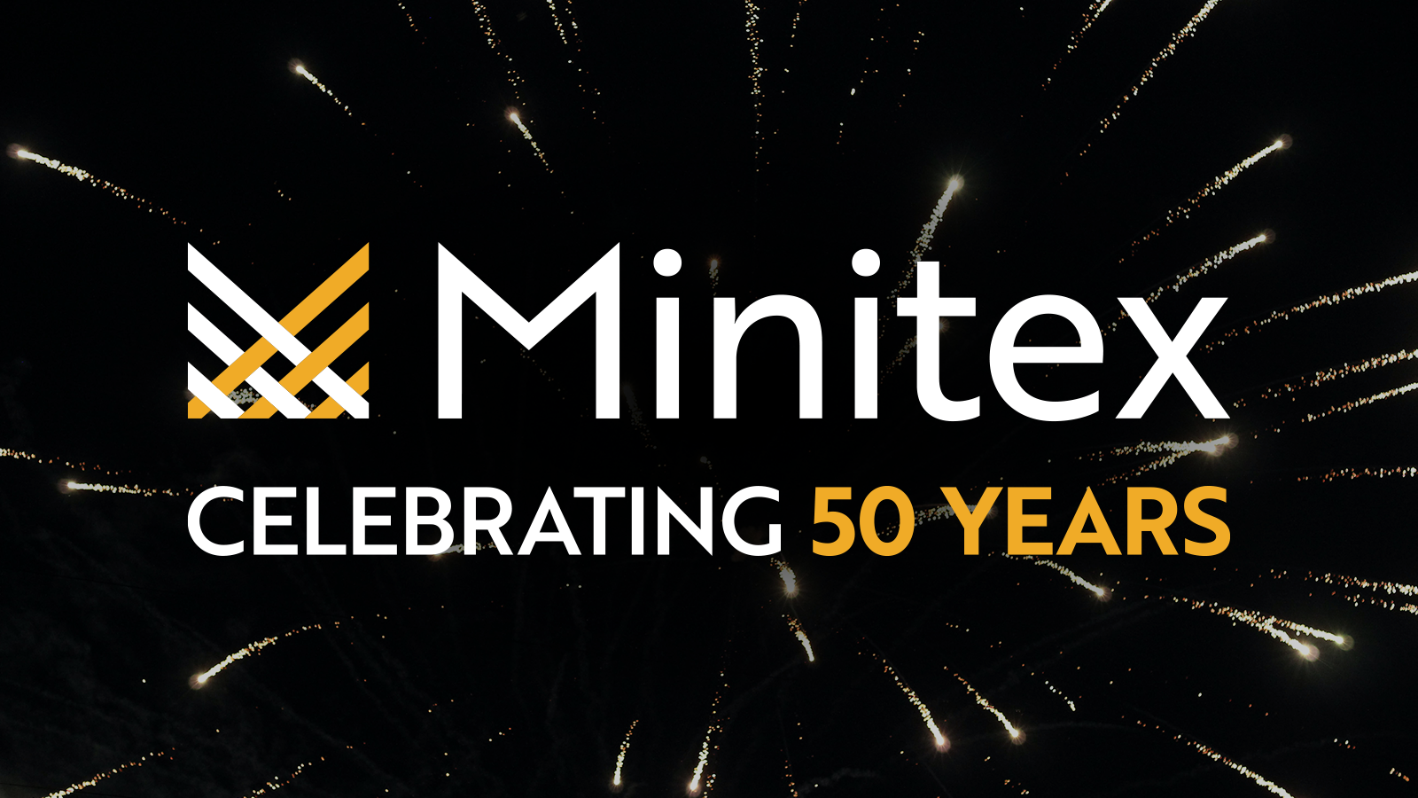The Minitex 50th anniversary logo, "Minitex, Celebrating 50 Years," set in front of a fireworks in the night sky.