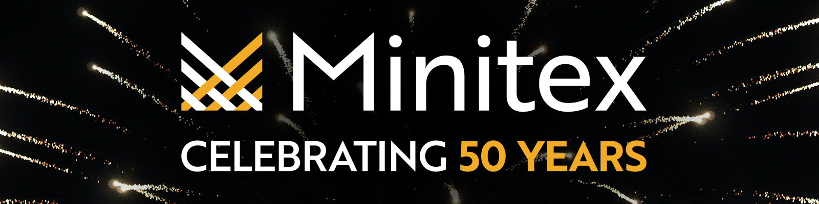 The Minitex logo with the tagline "Celebrating 50 Years" on a photo of fireworks.