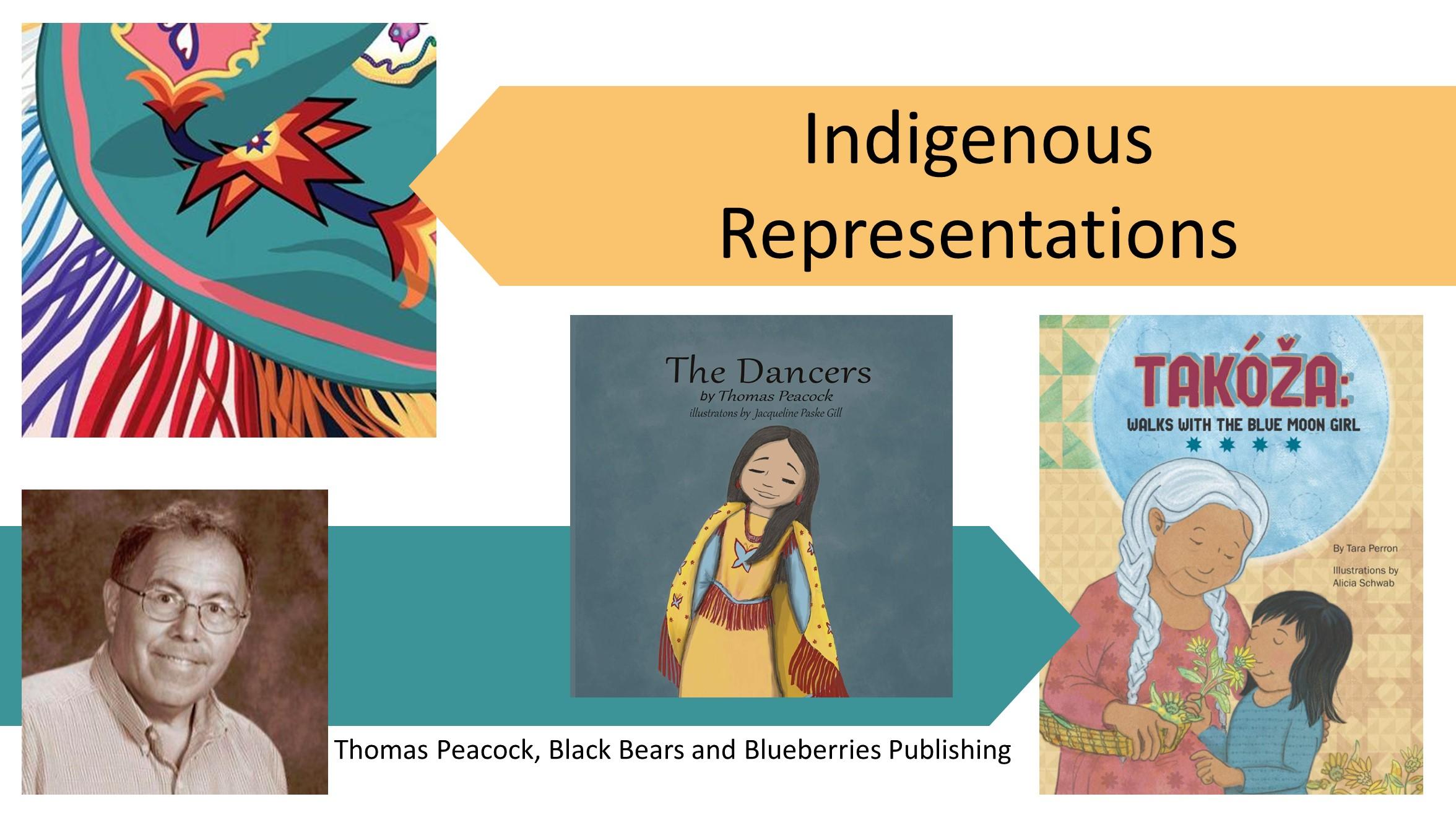 A colorful title image featuring two book covers, an author photo, and the heading, "Indigenous Representations."