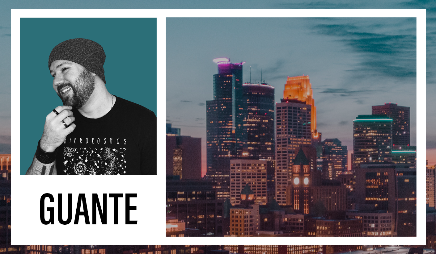 A photograph of Kyle Tran Myhre with "Guante" written below, set alongside a photo of the Minneapolis skyline at dusk.
