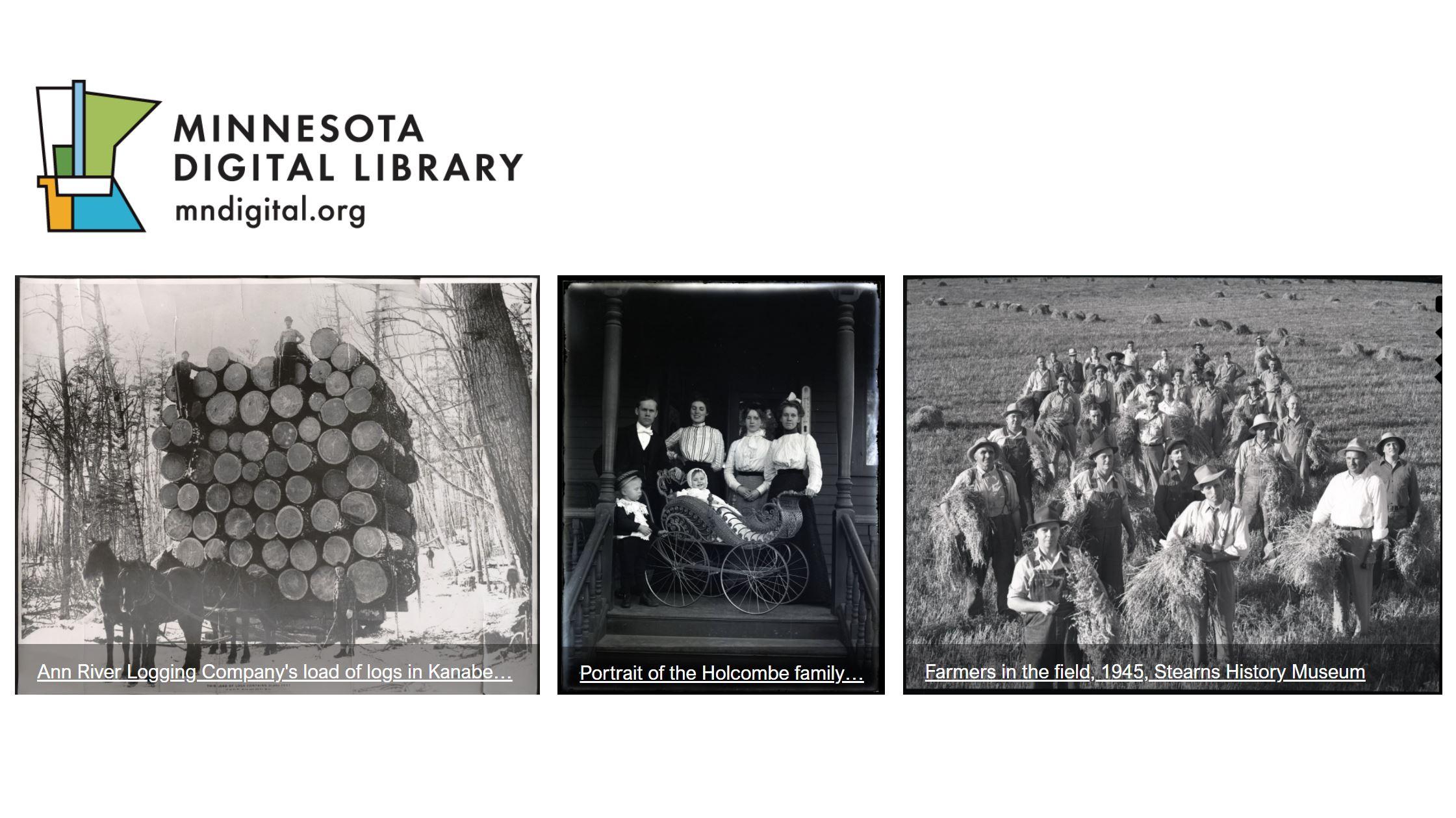 Three black-and-white photos arranged horizontally beneath the Minnesota Digital Library logo and wordmark.