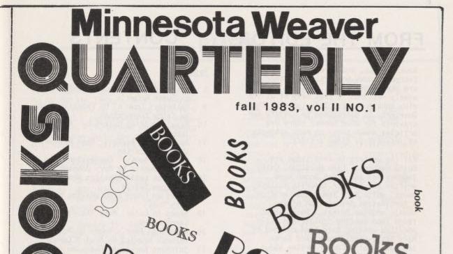 Black and white cover of a quarterly newsletter produced by the Minnesota Weavers' Guild for its members. The word "Books" appears repeatedly at jaunty angles across the page.