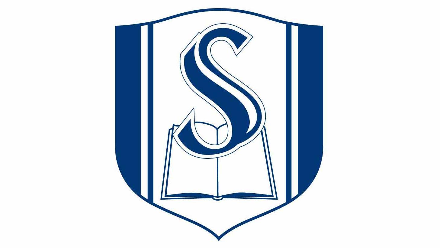 A blue and white crest featuring a large letter 'S' and an open book atop the words "Southeastern Baptist Theological Seminary."