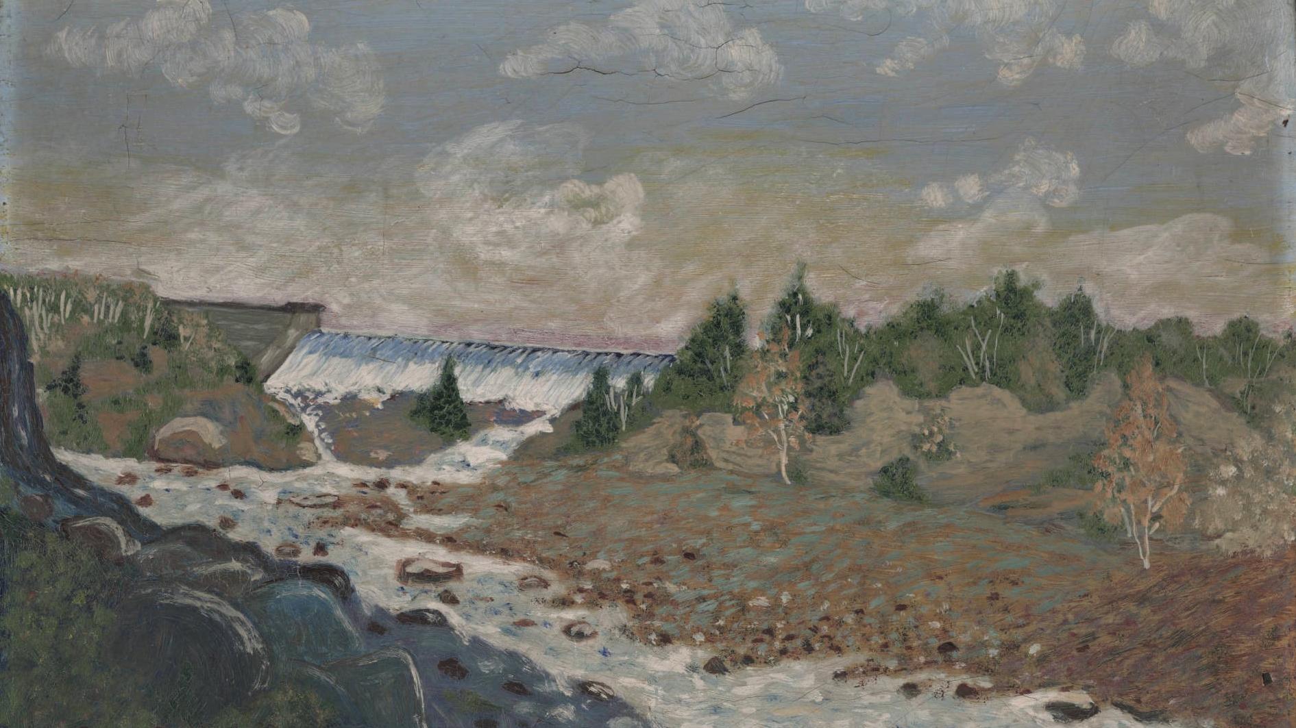 Oil painting of a dam across a river