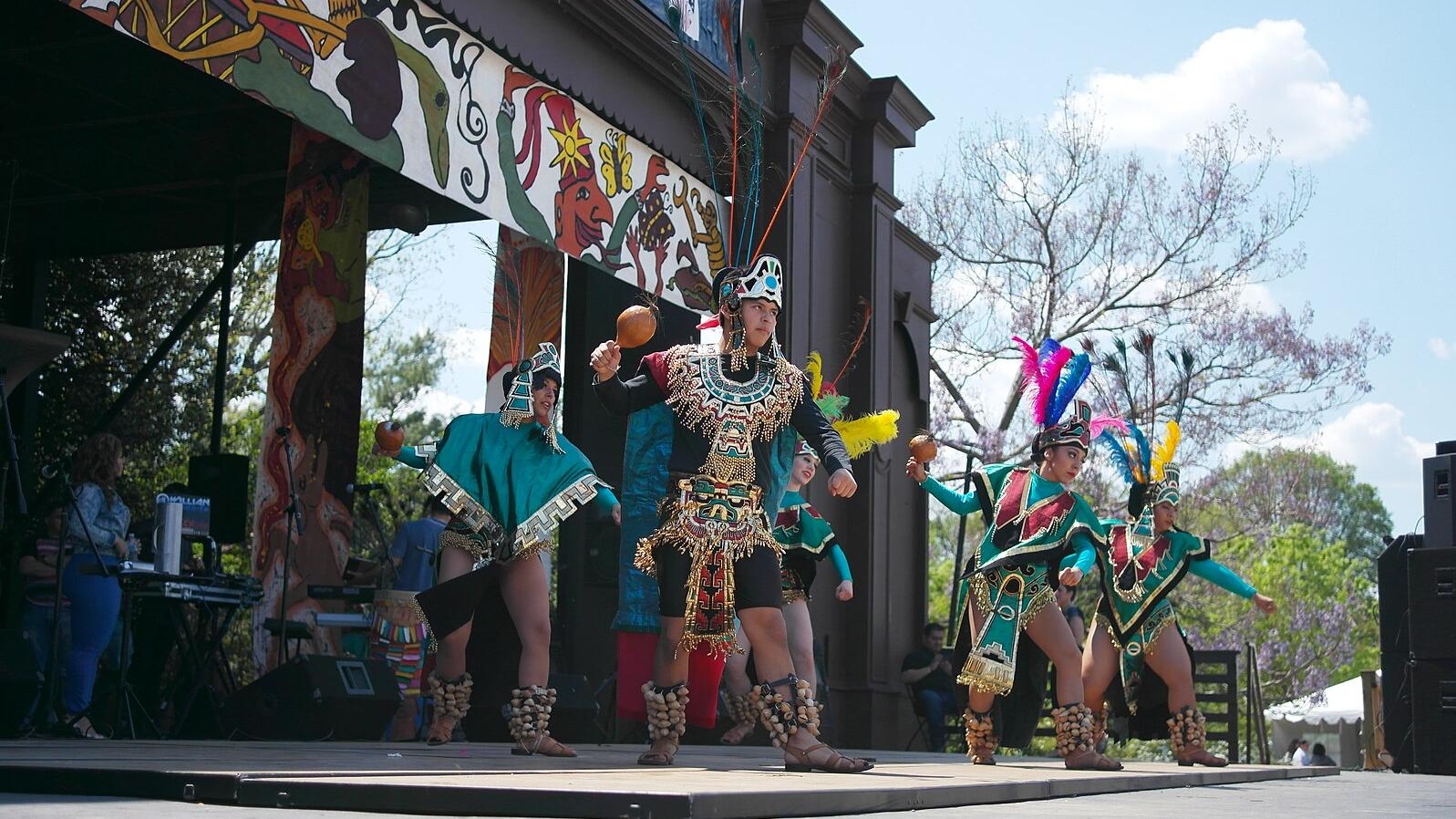 A photo of traditional Aztec dancing at a Cinco de Mayo celebration. Credit: S Pakhrin