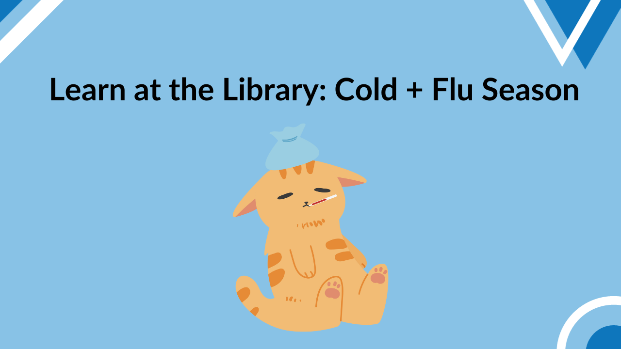 A graphic with the text "Learn at the Library: Cold + Flu Season" and a photo of a sick cartoon cat.