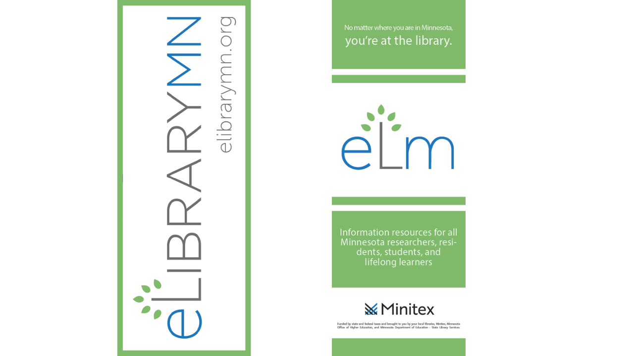 Sample of eLibrary Minnesota (ELM) bookmark promoting it's services and resources.