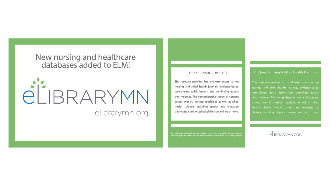 Sample of eLibrary Minnesota (ELM) postcard promoting it's new nursing and healthcare databases.