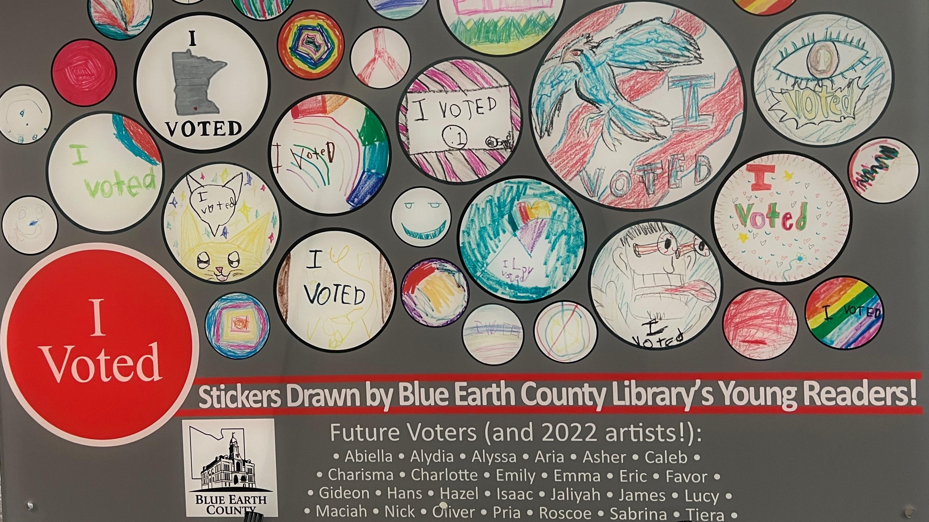 "I Voted" stickers designed by children at Blue Earth County Library