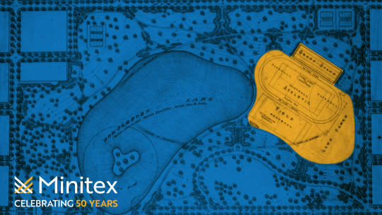 A map of Powderhorn Park with a blue overlay and the Minitex 50th Anniversary logo.