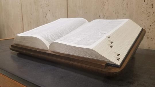 A photograph of an open dictionary on a book stand.
