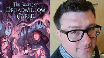 A three-part image consisting of, from left to right, the cover of "The Secret of Dreadwillow Carse, a photograph of author Brian Farrey, and the One Book | One Minnesota logo and wordmark.
