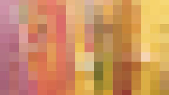 Abstract image of colorful mosaic-like squares, inspired by nature. Primarily bright golds, with pink, mauve, orange, lavender, and coral, with accents of deep red-brown and greens.