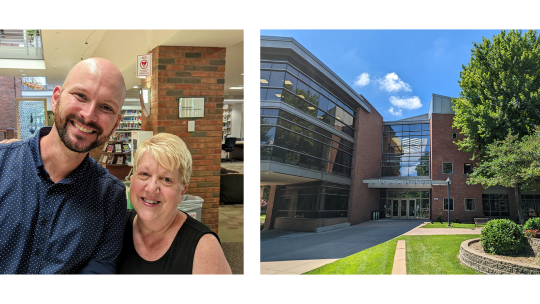 A photograph of Stuart Van Cleve and Mary Hollerich at left with a photograph of the entrance to Lindell Library at right.