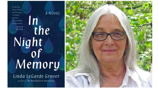 The blue cover of "In the Night of Memory" next to a photo of Linda LeGarde Grover.