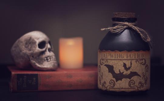 book, skull, candle, potion 