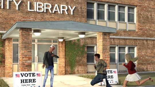 Two people run toward a library polling place as a man checks his watch by a “Vote Here” sign.