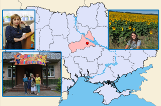 A map of Ukraine with a red dot on Smila, with inset pictures of, at left, Julia Bliznyuk, the library in Smila, and, at right, translator Anya Fartushna.