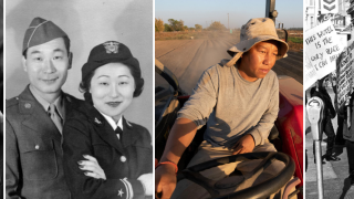four images of Asian Americans, from historic to current