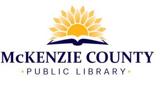 The logo and wordmark of McKenzie County Public Library, featuring a golden sun emerging from an open book.