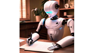 A digital rendering of a robot writing an essay.