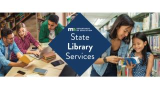 The state library services wordmark with two pictures of people in libraries