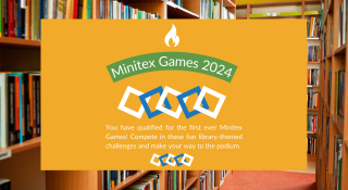 A graphic with a "Minitex Games 2024" banner along with interlocking blue and white squares and fire symbol.
