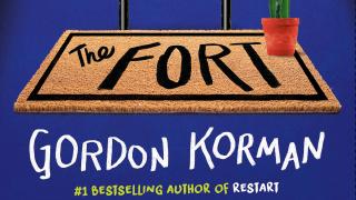 Book cover of The Fort by Gordon Korman. The image shows a metal ladder leading upward against a blue background, with one rung bent and broken. At the base of the ladder is a doormat that says “The Fort,” and a small potted cactus sits on the mat. Text on the cover reads, “It’s our secret. Don’t tell.”