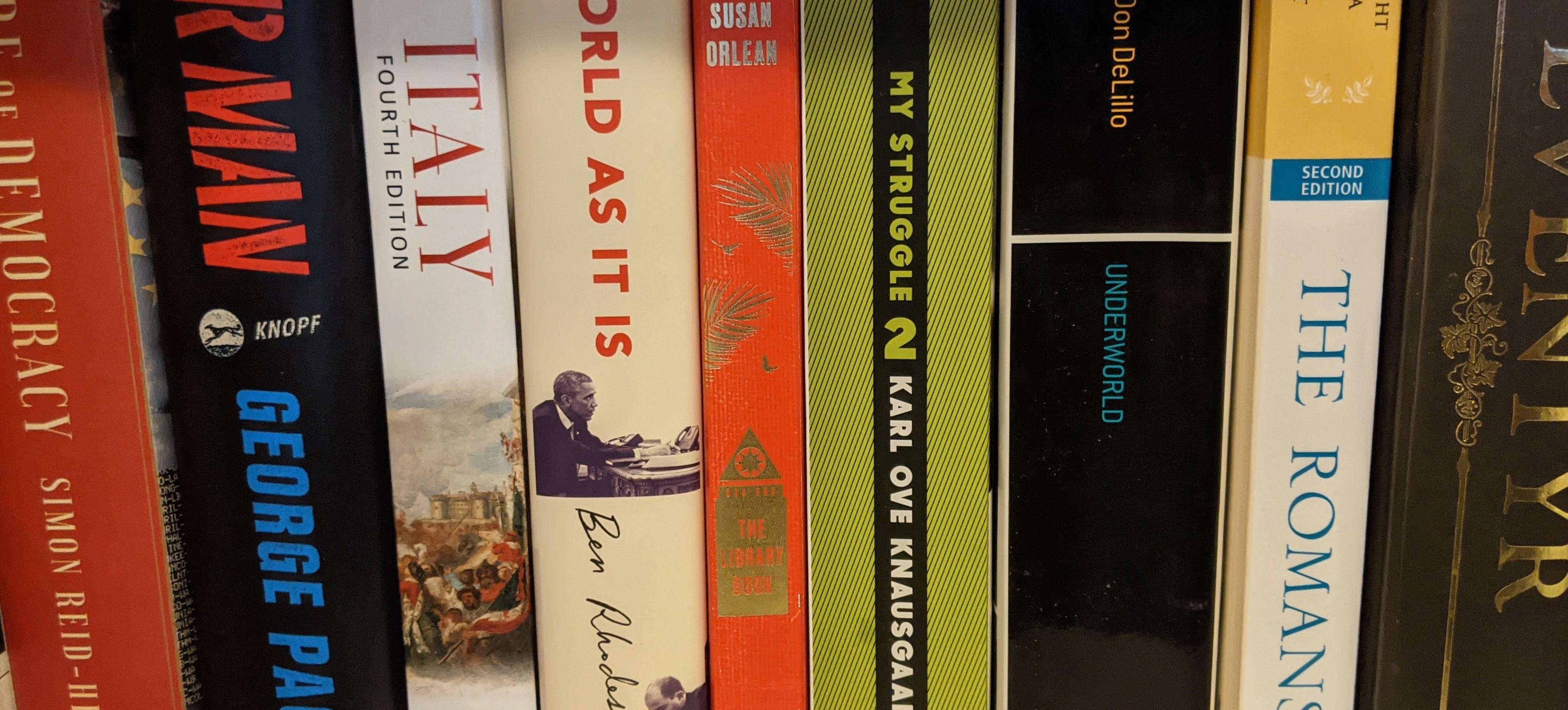 A photograph of many-colored books, side-by-side on a shelf.