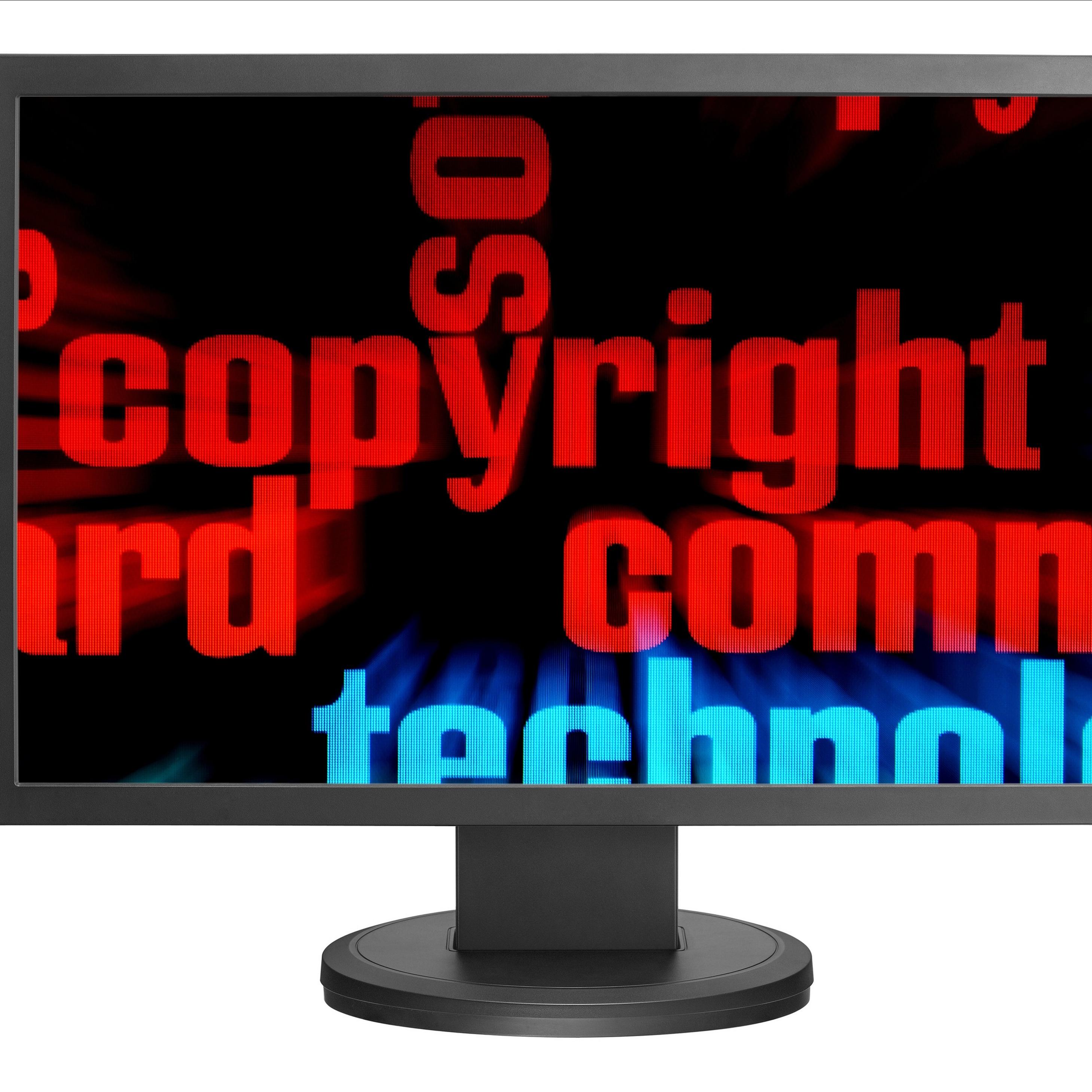 Red lettering reading copyright on a black computer screen