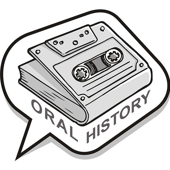 Cassette tape cover in the shape of a book with the words "oral history" below it