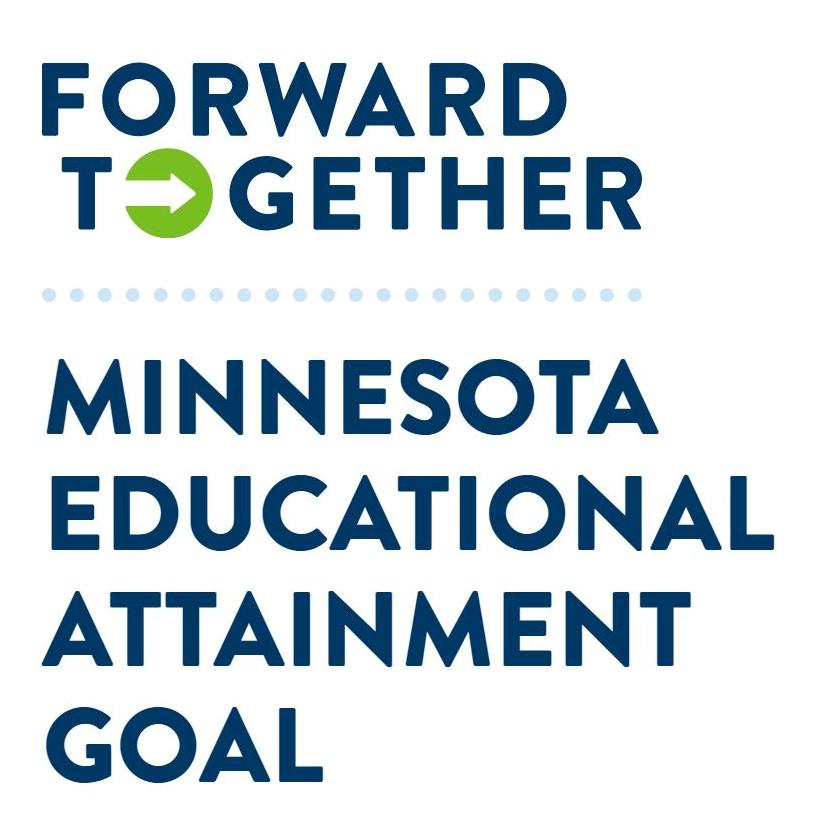 An image of the Forward Together wordmark atop the phrase "Minnesota Educational Attainment Goal" set to the left of a young adult woman holding books.