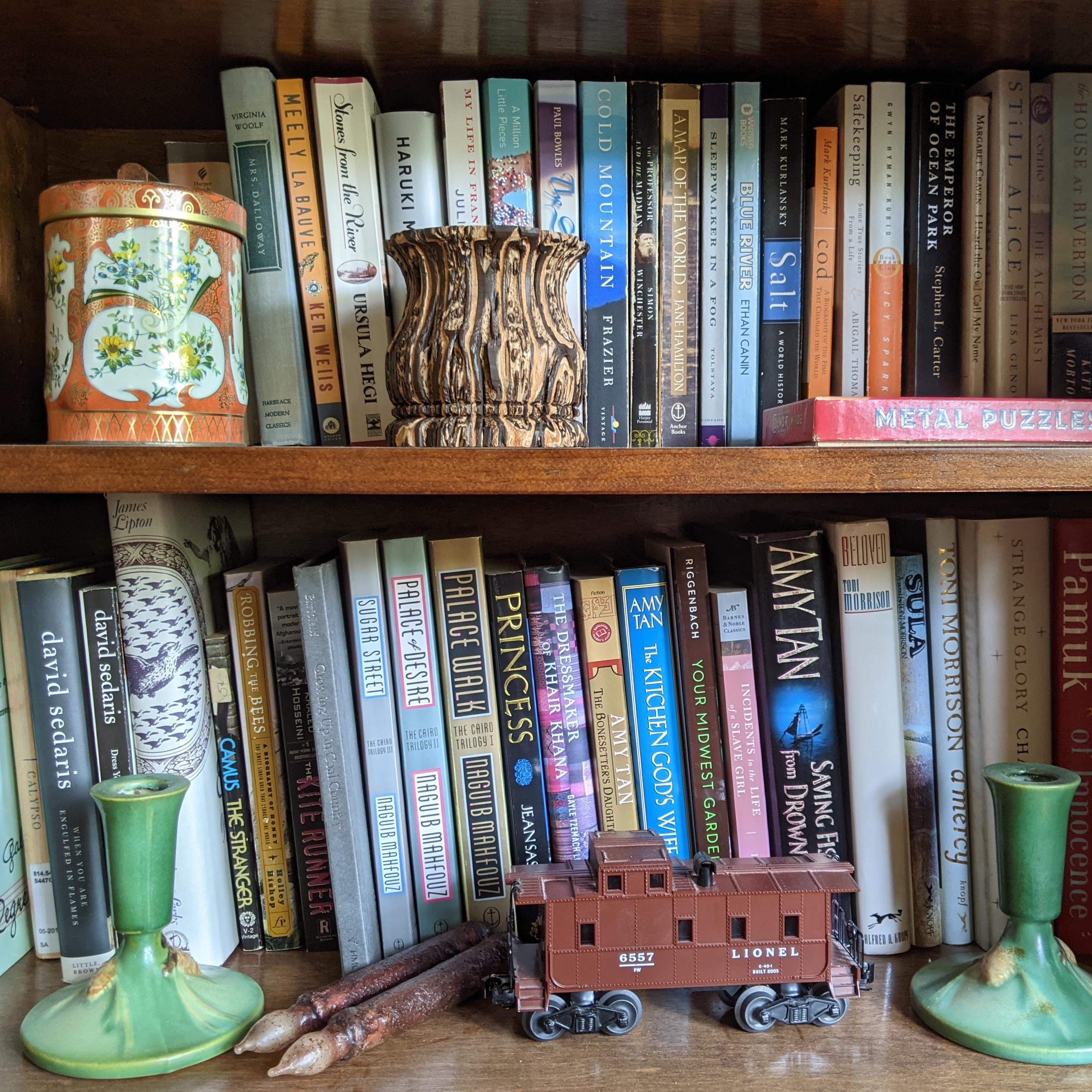 A photograph of books and decorative items on a wooden bookshelf.