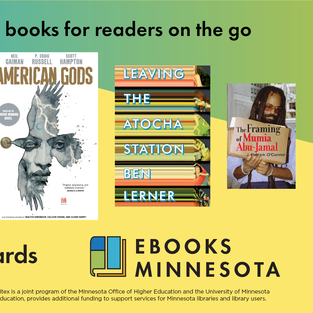 An advertisement for Ebooks Minnesota that will run on Metro Transit bus interiors features five book covers, the Ebooks Minnesota wordmark, and a promotional URL: ebooksmn.org/awards.