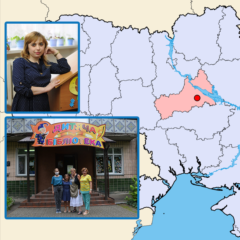 A map of Ukraine with a red dot on Smila, with inset pictures of, at left, Julia Bliznyuk, the library in Smila, and, at right, translator Anya Fartushna.
