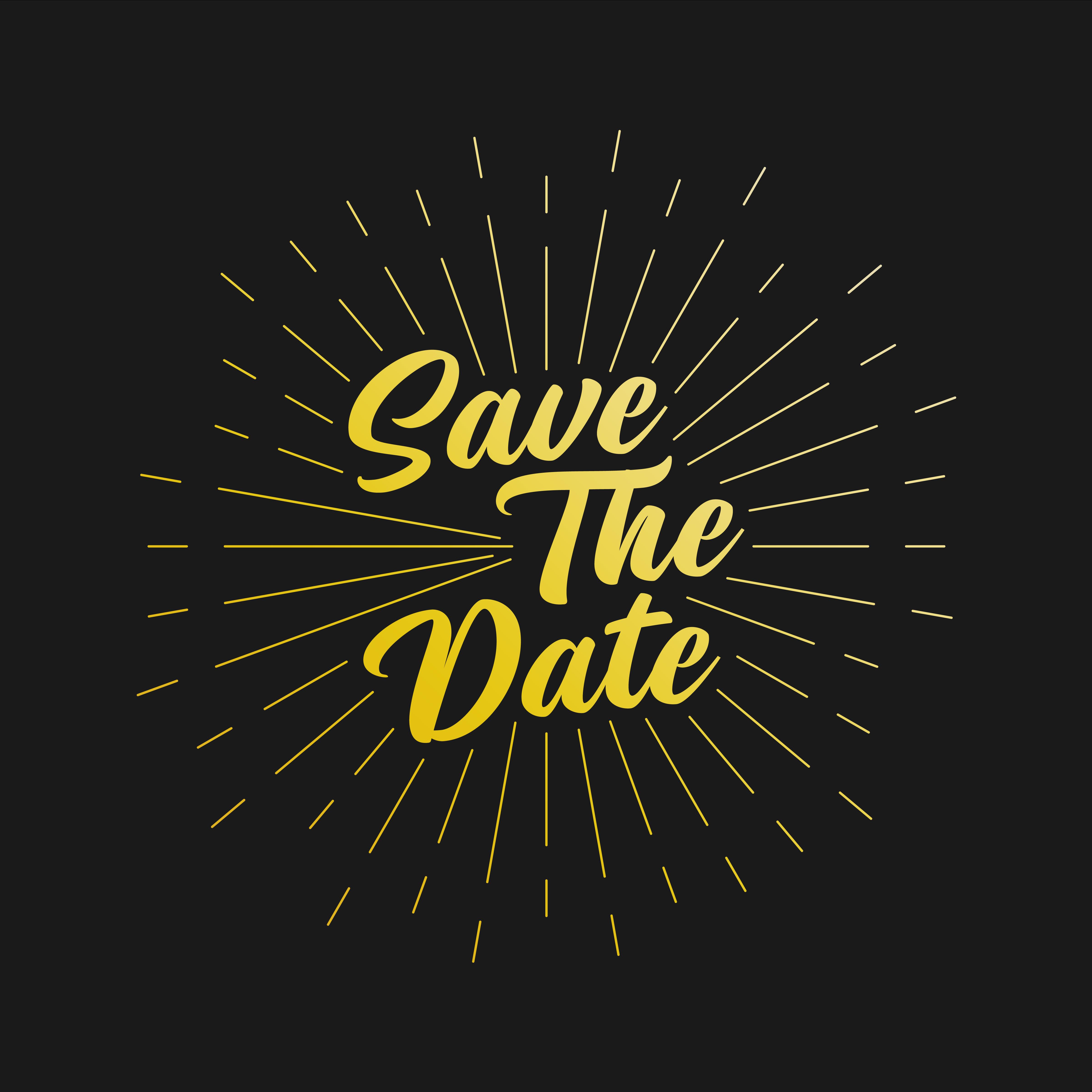 Save the Date text in bright yellow font with rays extending in all directions against a black background