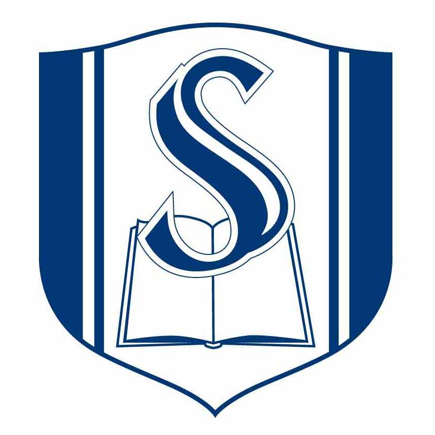 A blue and white crest featuring a large letter 'S' and an open book atop the words "Southeastern Baptist Theological Seminary."
