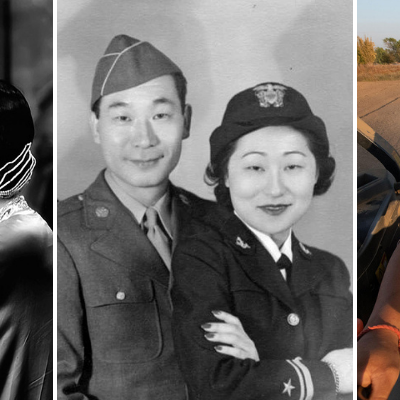 four images of Asian Americans, from historic to current