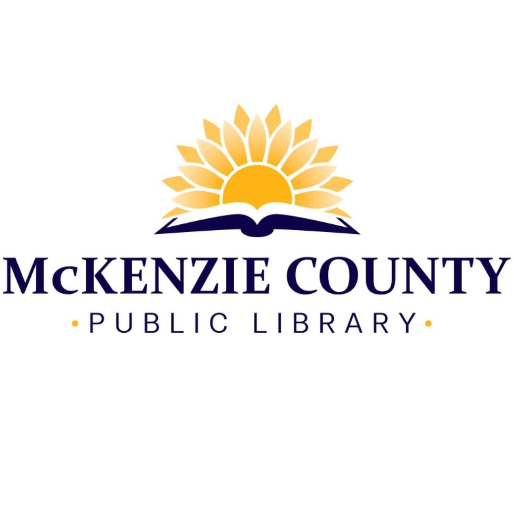 The logo and wordmark of McKenzie County Public Library, featuring a golden sun emerging from an open book.