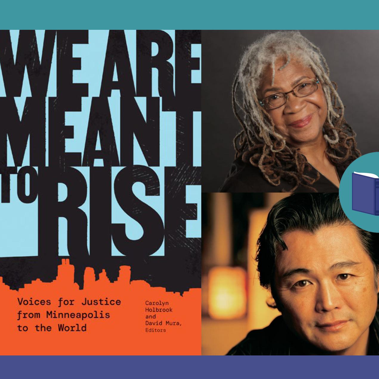 A compound image featuring the book cover for "We Are Meant to Rise" along with headshots of the editors and the One Book | One Minnesota wordmark.