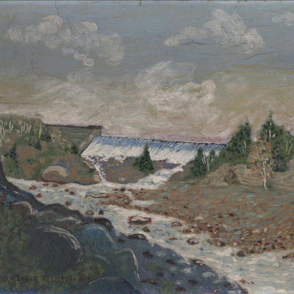 Oil painting of a dam across a river